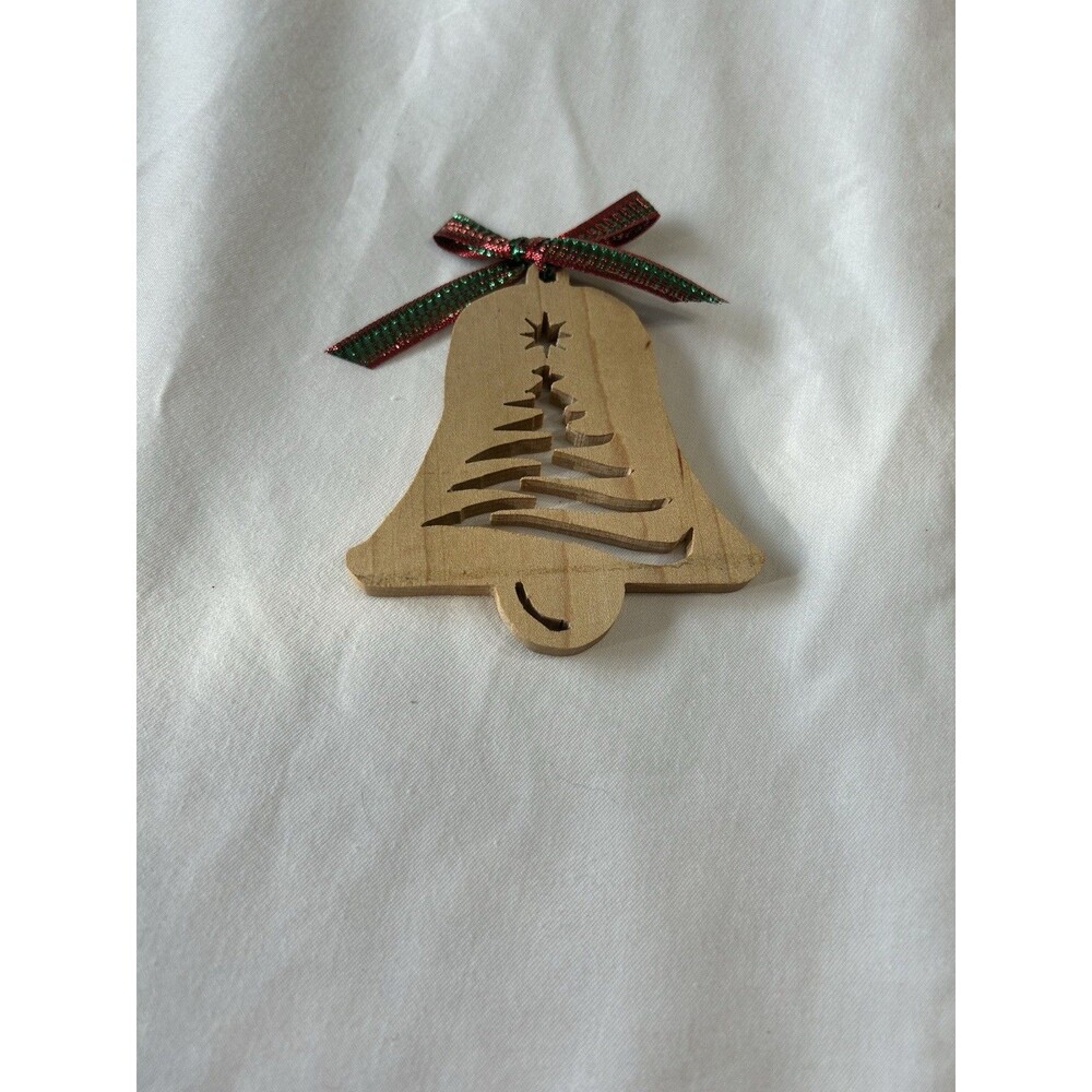 Wooden Bell Ornament with Red and Green Ribbon